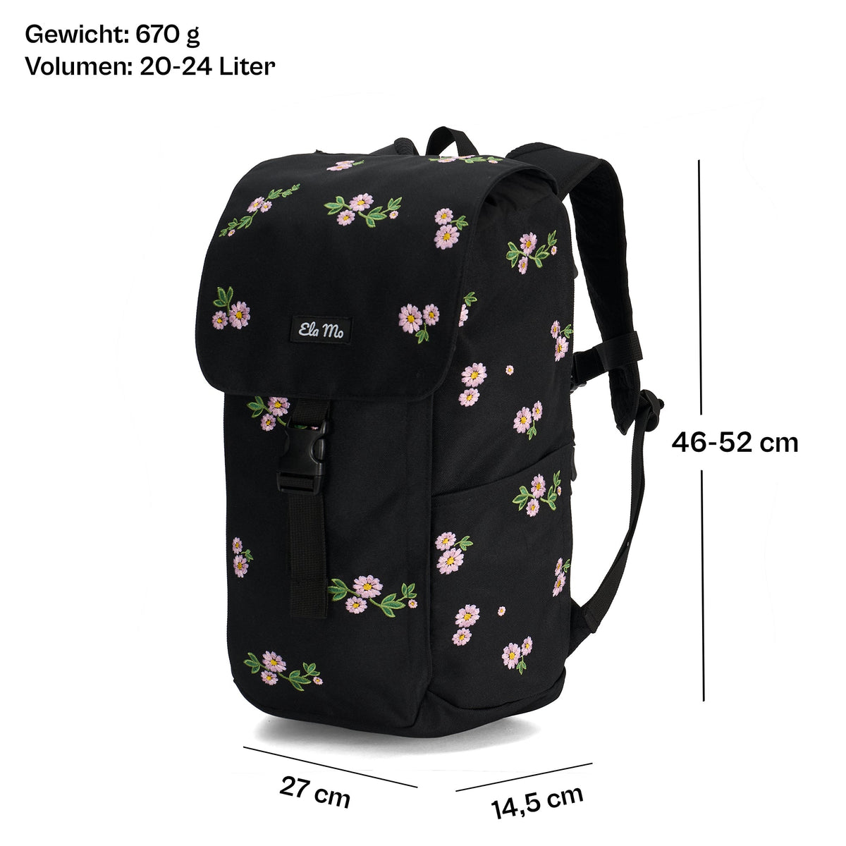Ela Mo™ Everywhere Daypack | Embroidery Edition Upsy Daisy. Schwarz geblümter Rucksack mit Maßangaben auf weißem Hintergrund