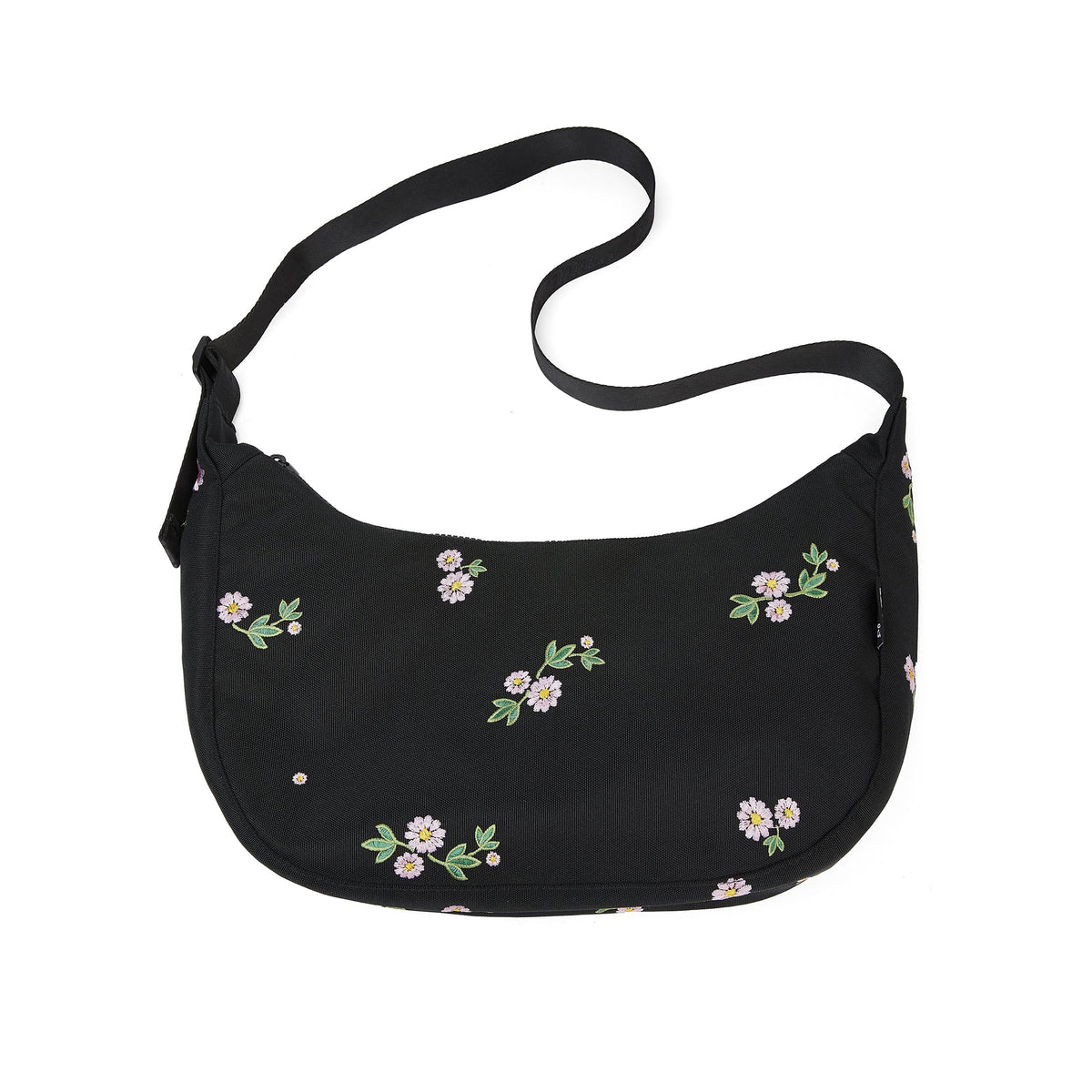 Ela Mo™ Moon Bag | Embroidery Edition Upsy Daisy. Schwarze, geblümte Umhängetasche auf weißem Hintergrund.