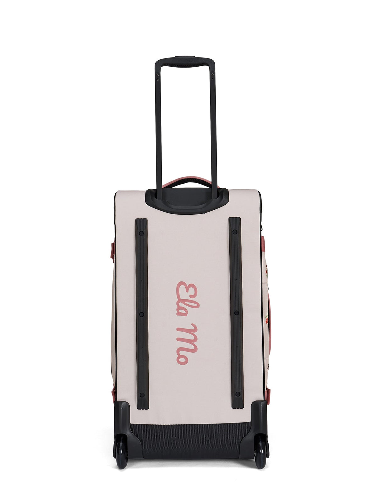 Ela Mo™ Reisetasche mit Rollen 42 Liter | Embroidery Edition Losy. Die Rückseite der Tasche mit Griff und Herstellerlogo.