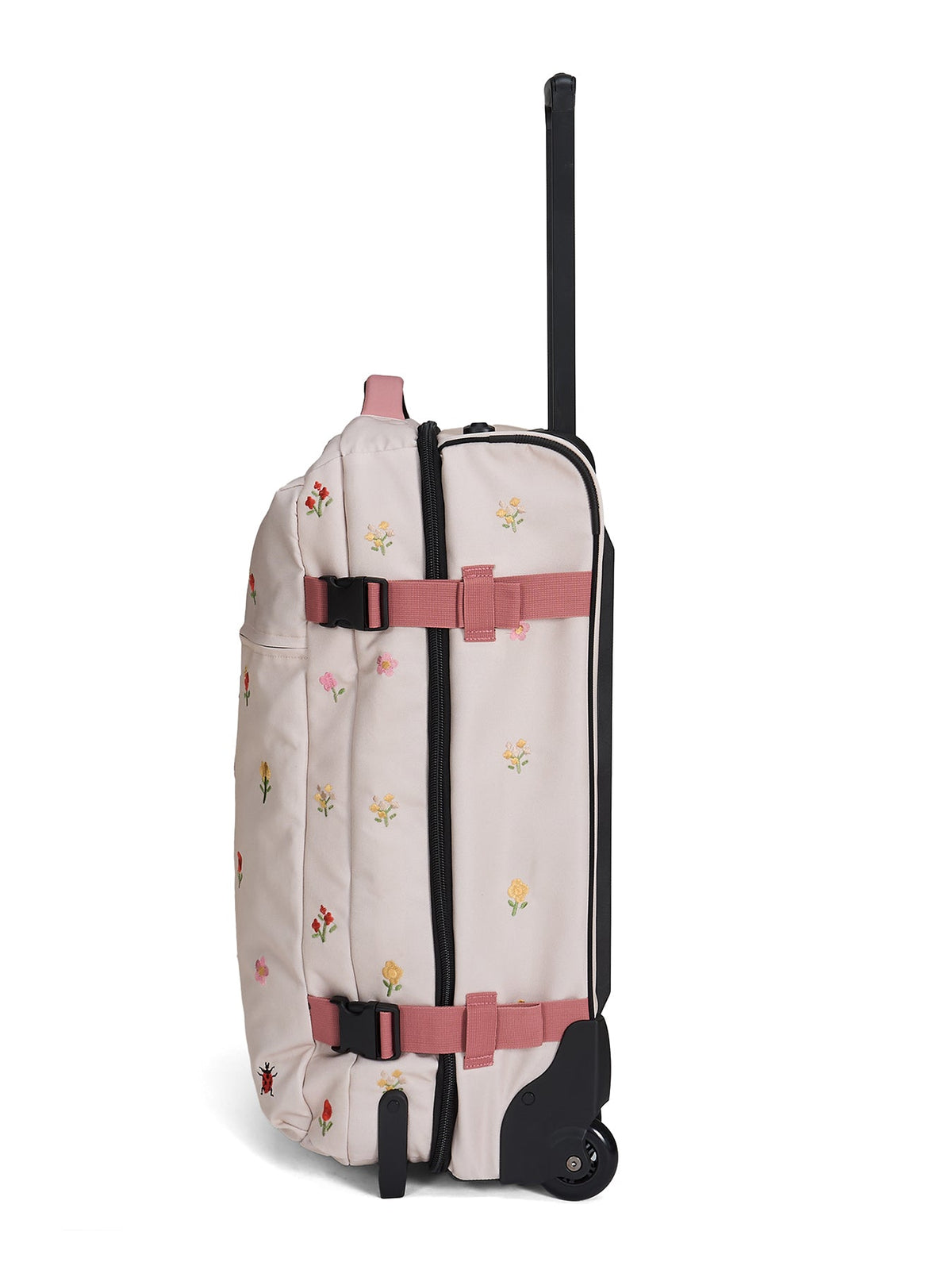 Ela Mo™ Reisetasche mit Rollen 78 Liter | Embroidery Edition Losy. Die Tasche mit hochgezogenem Tragegriff.