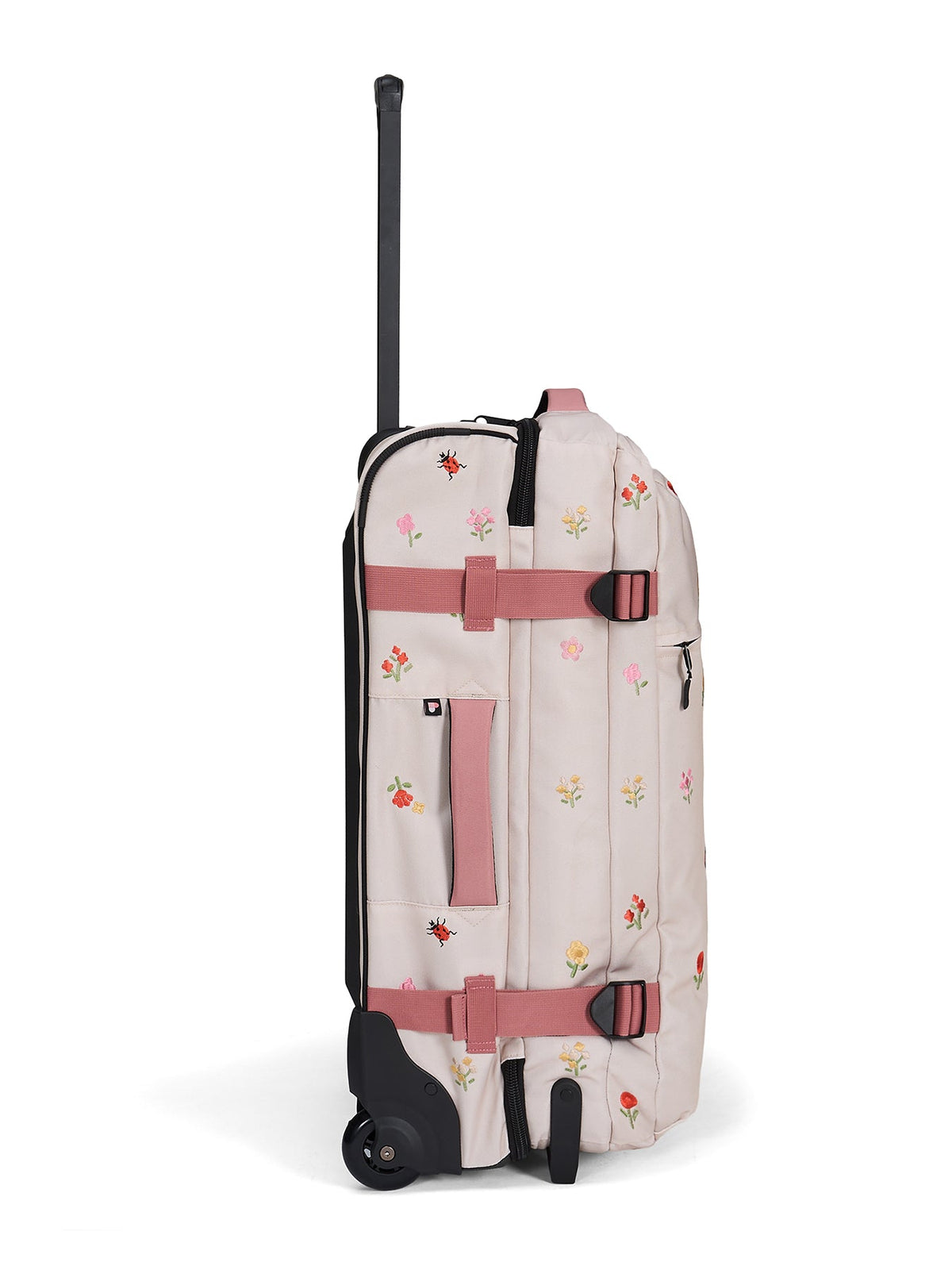 Ela Mo™ Reisetasche mit Rollen 78 Liter | Embroidery Edition Losy. Die Tasche von der Seite mit hochgezogenem Tragegriff.
