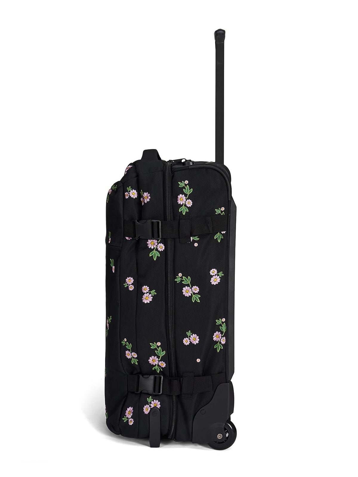 Ela Mo™ Reisetasche mit Rollen 78 Liter | Embroidery Edition Upsy Daisy. Seitenansicht der schwarzen, geblümten Tasche.