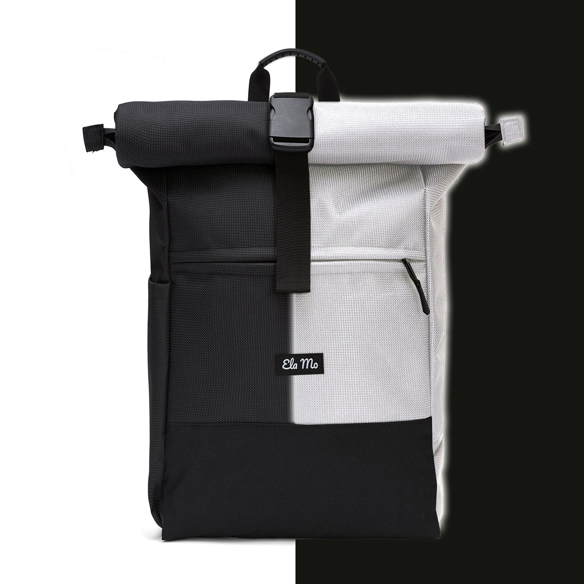 Ela Mo™ Rolltop Rucksack | Black Reflective. Schwarzer reflektierender Rucksack.