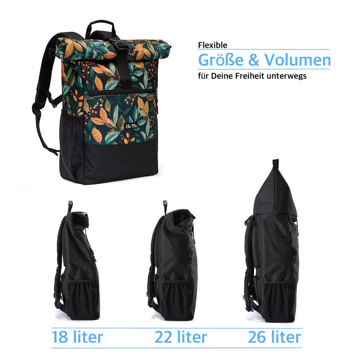 Ela Mo™ Rolltop Rucksack | Bye Bye Summer. Ein floraler Rucksack mit verschiedenen verstellbaren Einstellungsmöglichkeiten.