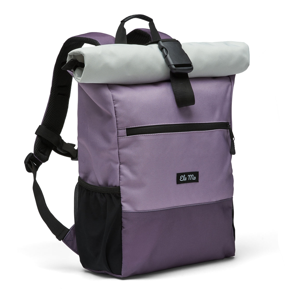 Ela Mo™ Rolltop Rucksack | Lavender. Rucksack mit seitlichem Flaschenfach und Herstellerlogo.