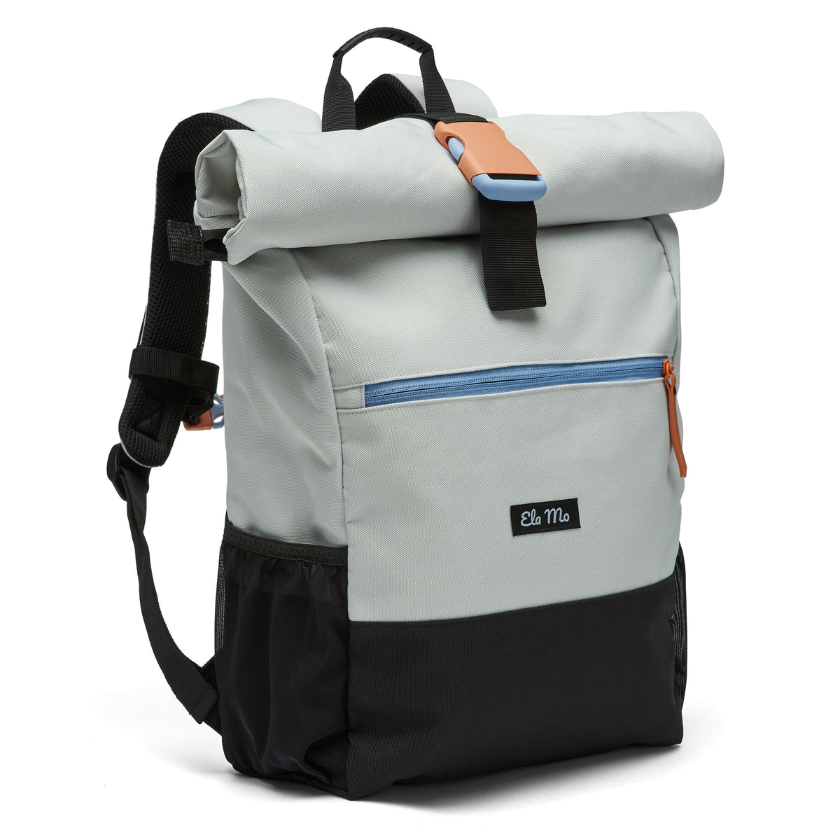 Ela Mo™ Rolltop Rucksack | Lightgrey Orange Pop. Rucksack mit seitlichem Flaschenfach und Herstellerlogo.