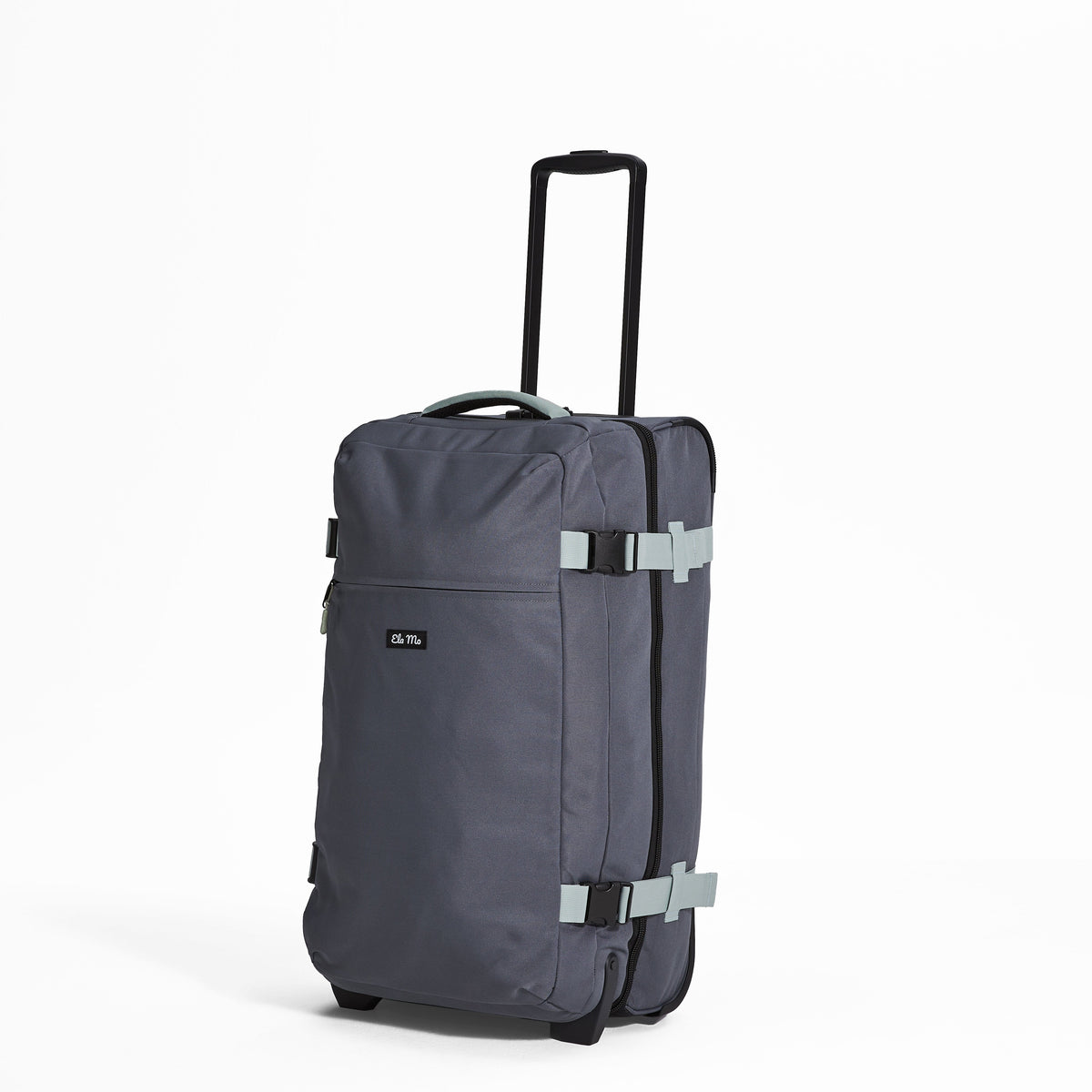 Ela Mo™ Reisetasche mit Rollen 78 Liter | Darkgrey Mint. Reisetasche mit Reißverschluss-Außenfach auf weißem Hintergrund.