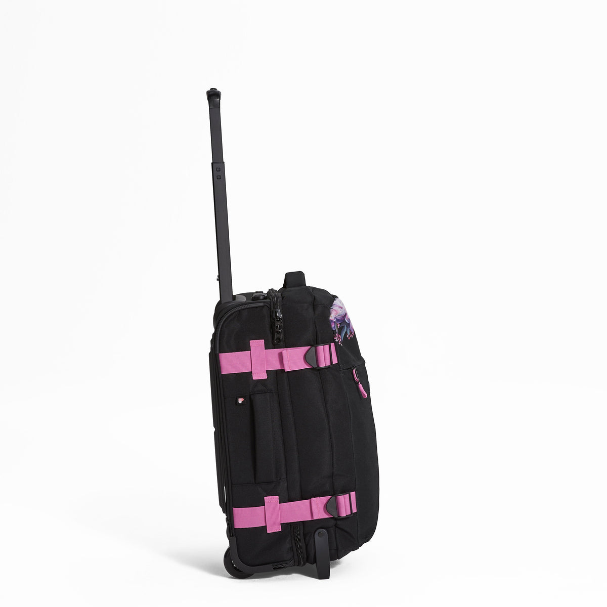 Ela Mo™ Reisetasche mit Rollen 42 Liter | Beauty in Darkness. Reisetasche mit Klickverschluss von der rechten Seite.