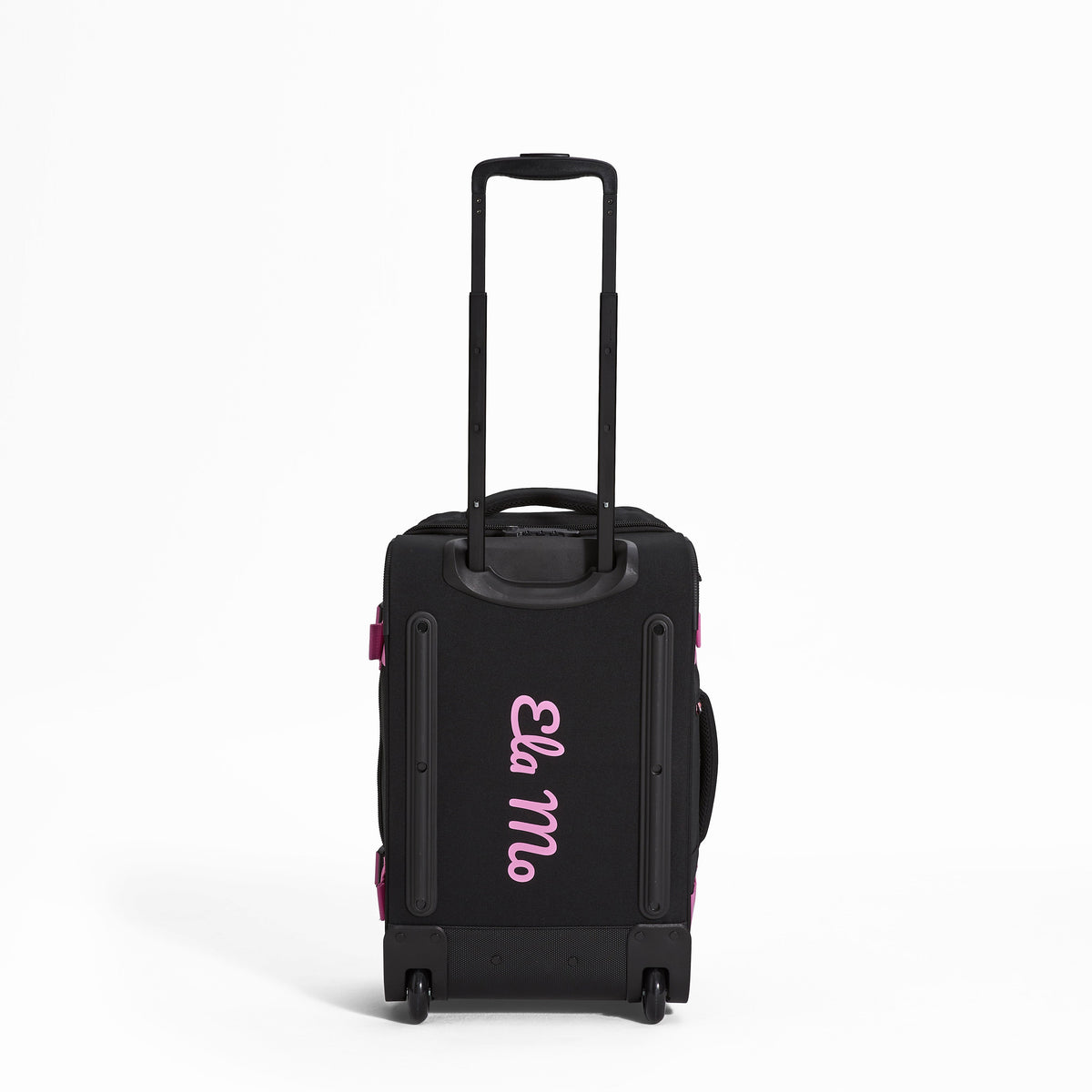 Ela Mo™ Reisetasche mit Rollen 42 Liter | Beauty in Darkness. Die Rückseite der Reisetasche mit Rollen und Herstellerlogo.