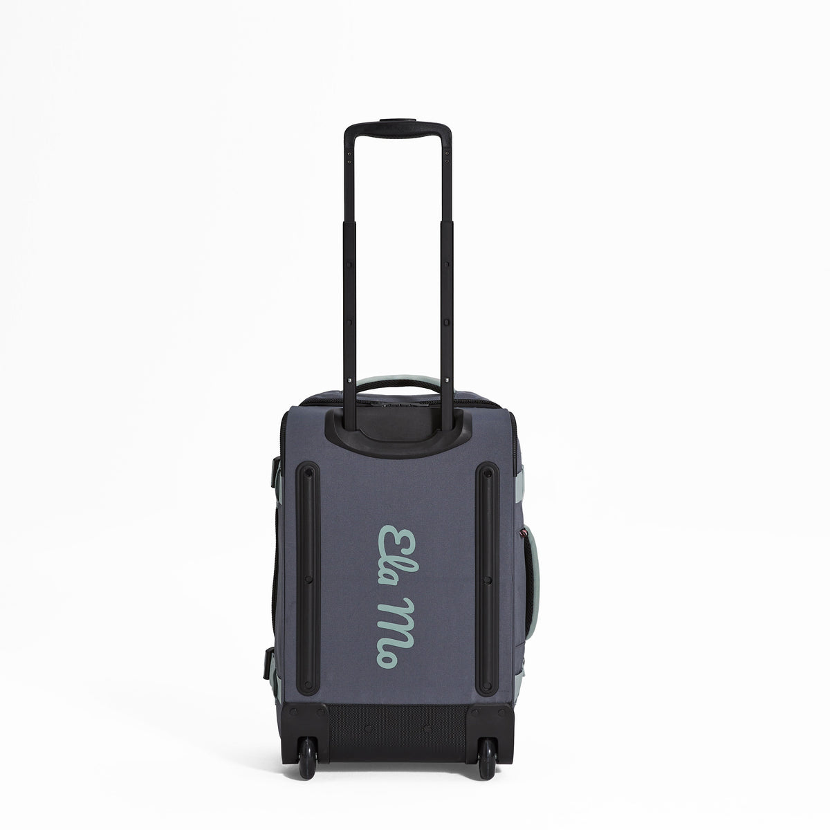 Ela Mo™ Reisetasche mit Rollen 42 Liter | Darkgrey Mint.Die Rückseite der Reisetasche mit Rollen und Herstellerlogo.