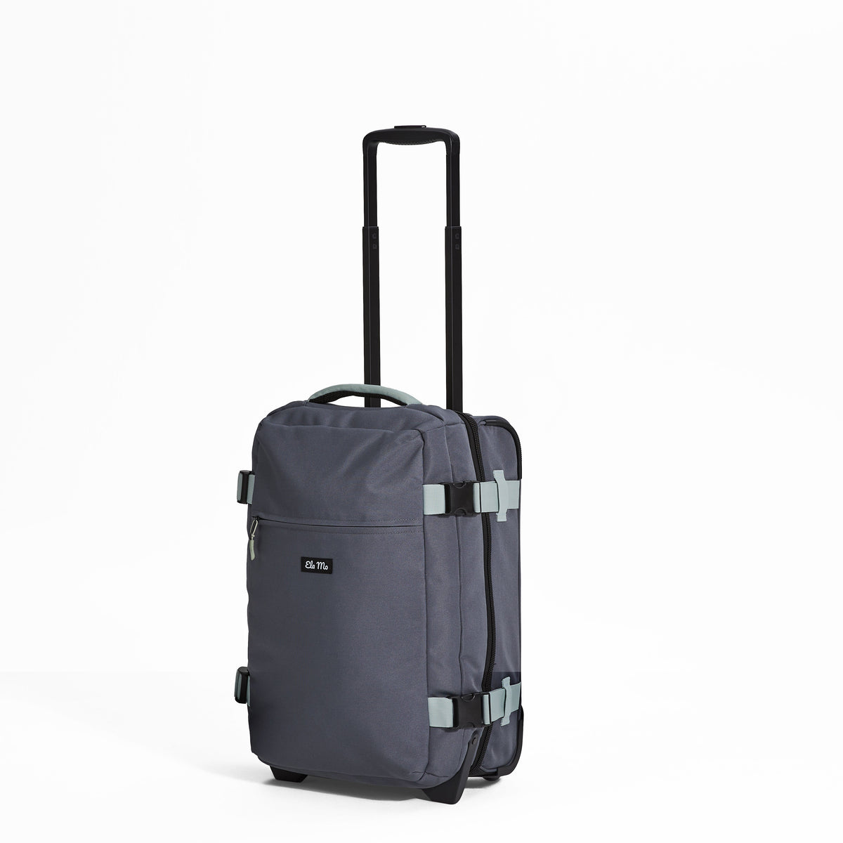 Ela Mo™ Reisetasche mit Rollen 42 Liter | Darkgrey Mint. Reisetasche mit Reißverschluss-Außenfach auf weißem Hintergrund.