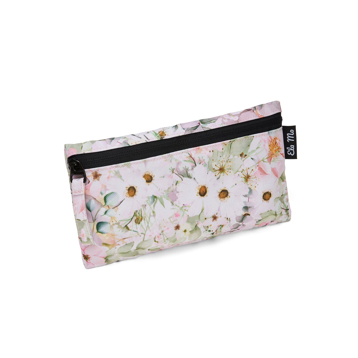 Ela Mo™ Stiftetasche | Bed Of Flowers. Kleine Stifttasche mit floralem Muster und Reißverschluss auf weißem Hintergrund.