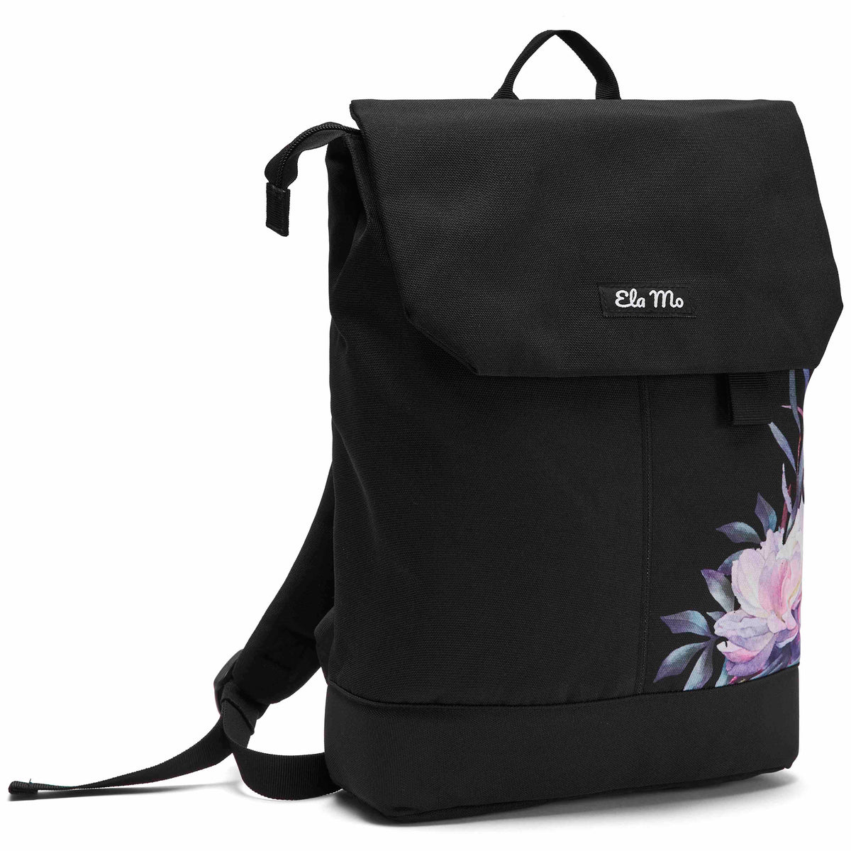 Ela Mo™ Daypack Rucksack | Beauty in Darkness. Seitliche Ansicht des Rucksacks mit Herstellerlogo auf weißem Hintergrund.