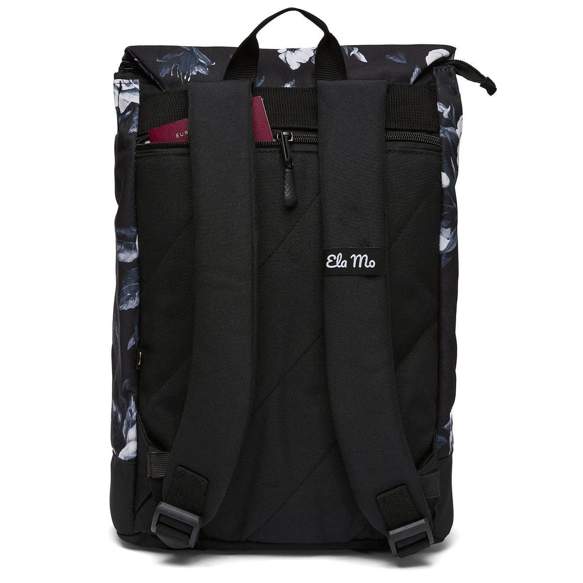 Ela Mo™ Daypack Rucksack | Nightrose. Die Rückseite des Rucksacks mit Schulterriemen und kleinem Außenfach.