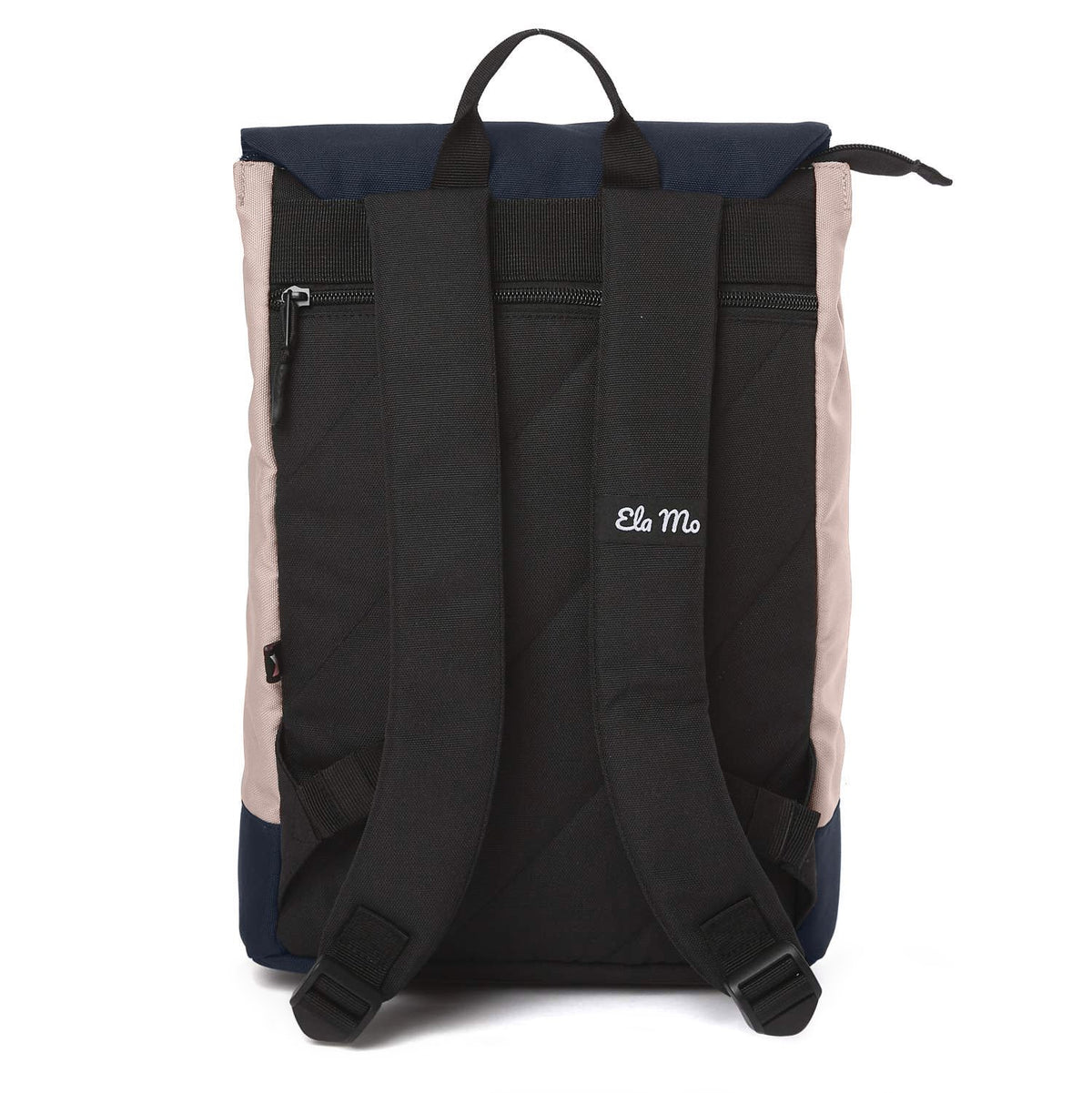 Ela Mo™ Daypack Rucksack | Pink & Blue. Die Rückseite des Rucksacks mit Schulterriemen und kleinem Außenfach.