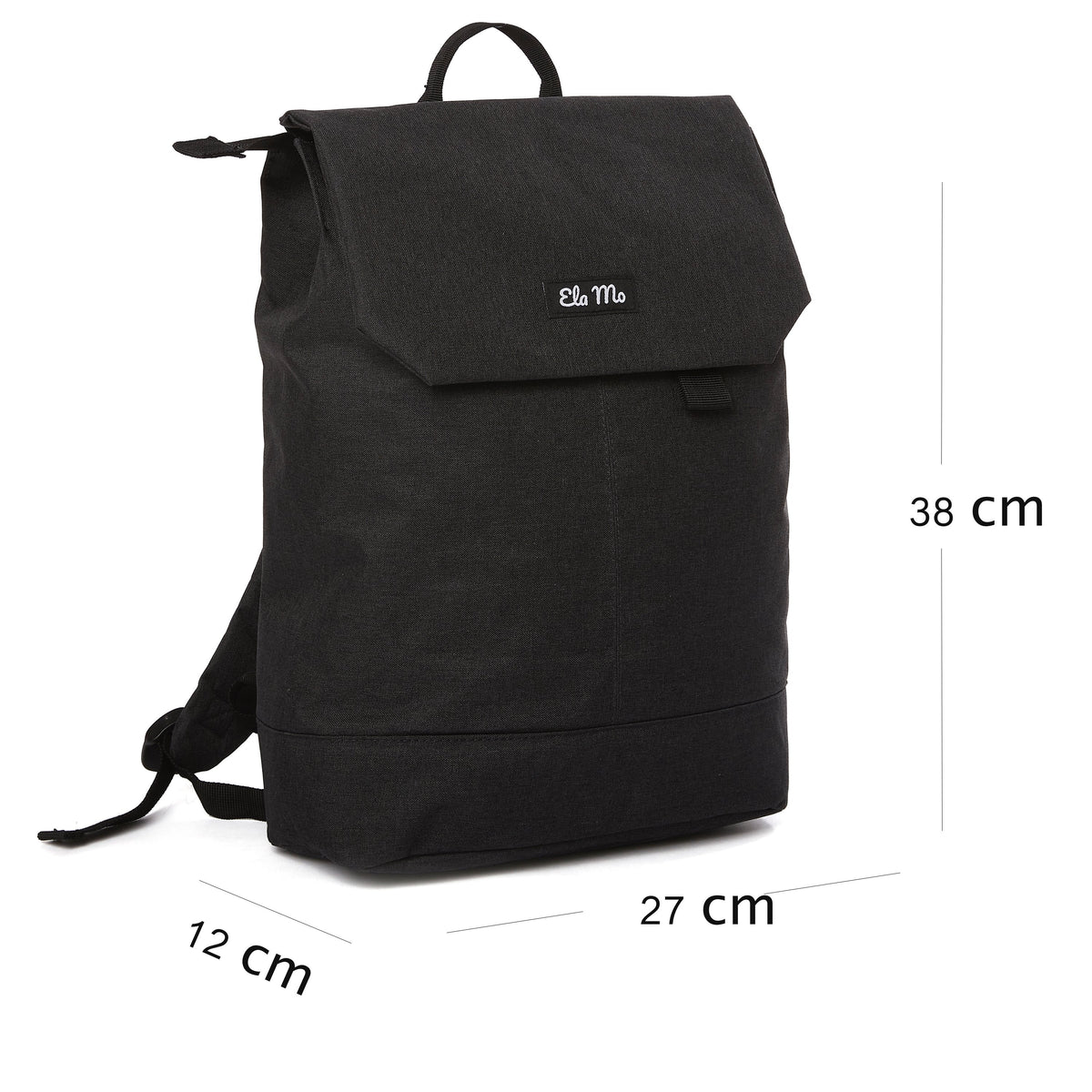 Ela Mo™ Daypack Rucksack | Stone. Der Rucksack mit Maßangaben auf weißem Hintergrund.