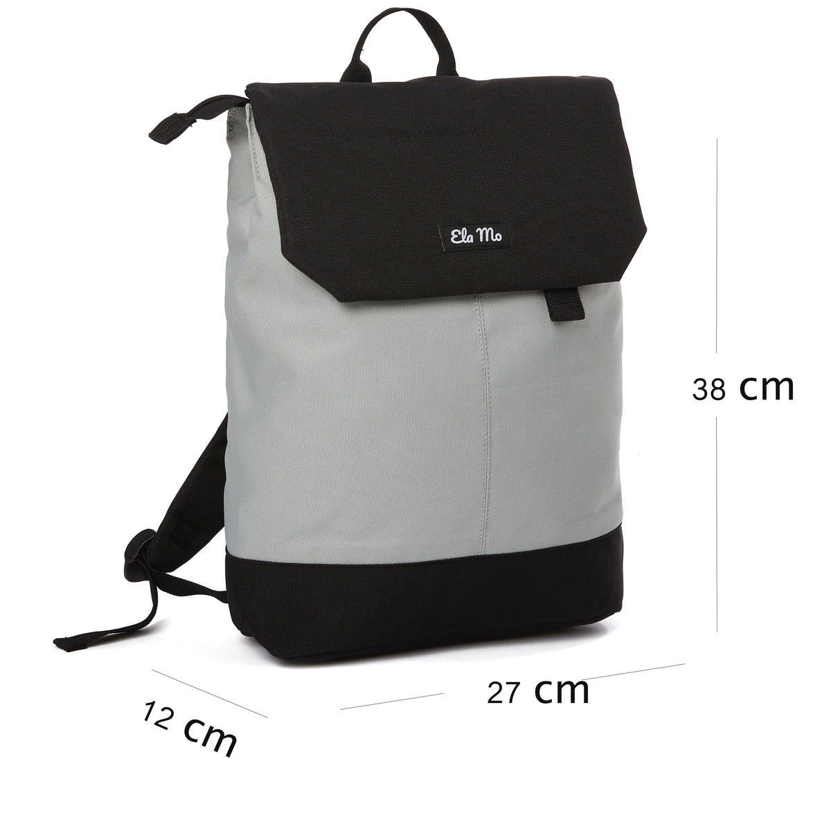 Ela Mo™ Daypack Rucksack | The Grey. Der Rucksack mit Maßangaben auf weißem Hintergrund.