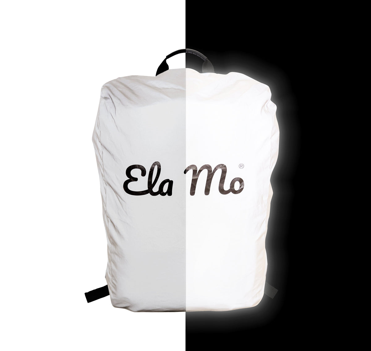 Ela Mo™ Rucksack Regenschutz. Ein reflektierender Regenschutz für Rucksack mit Herstellerlogo in der MItte.