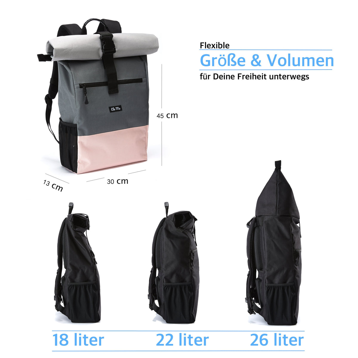 Rose On Rocks Ela Mo™ Rolltop Rucksack | Rose On Rocks. Rucksack mit drei Möglichkeiten zur Volumenerweiterung.