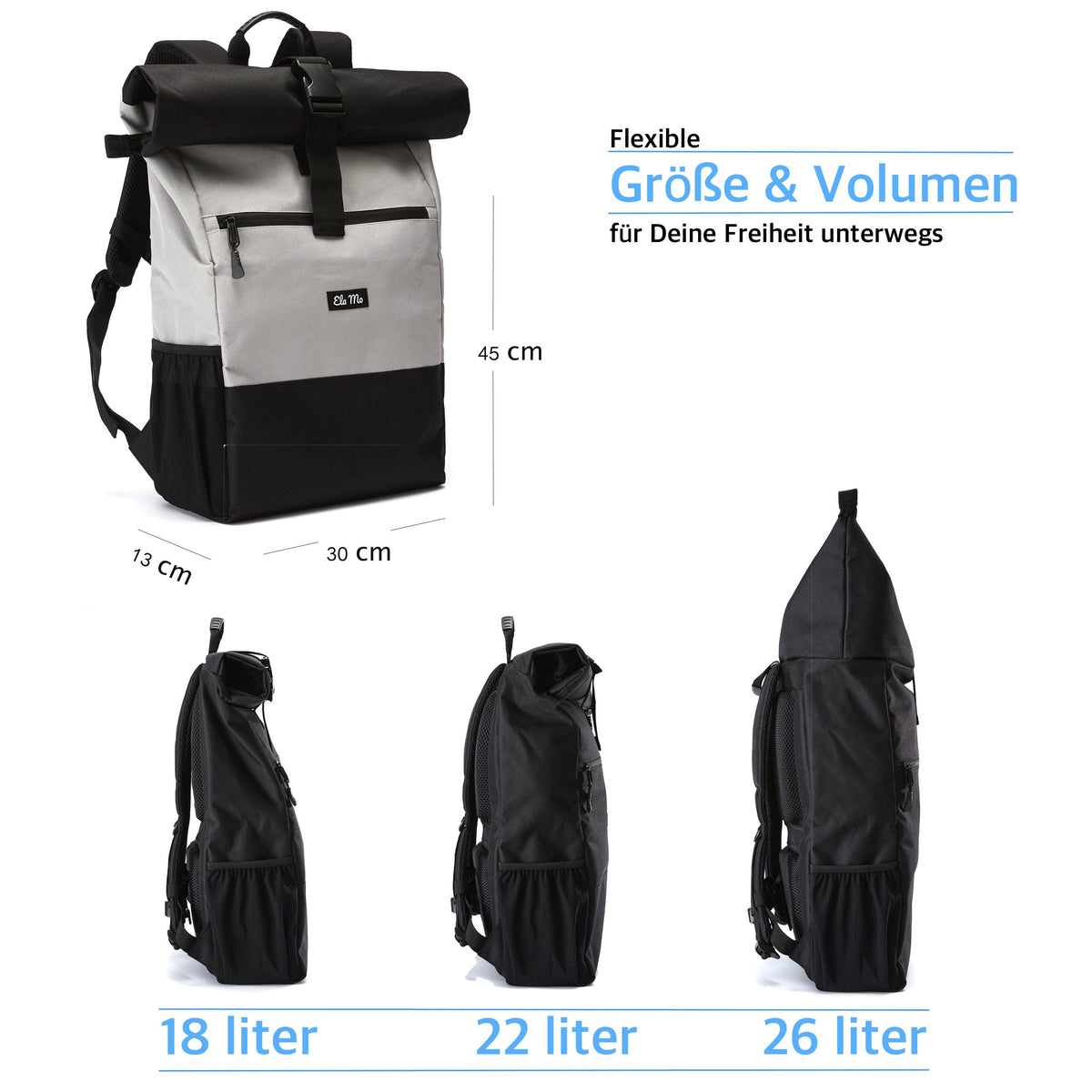 Ela Mo™ Rolltop Rucksack | The Grey. Rucksack mit drei Möglichkeiten zur Volumenerweiterung auf weißem Hintergrund.