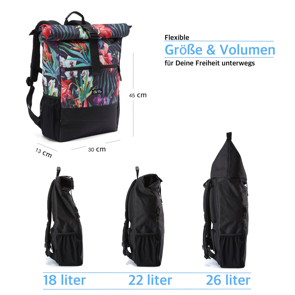 Ela Mo™ Rolltop Rucksack | Tropical Heat. Rucksack mit drei Möglichkeiten zur Volumenerweiterung auf weißem Hintergrund.