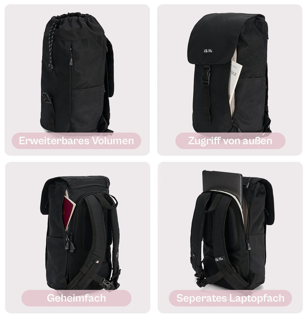 Ela Mo™ Everywhere Daypack | Black. Ein schwarzer Rucksack mit vielen praktischen Fächern – eine Anleitung.