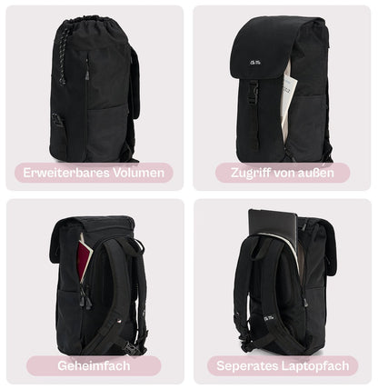Ela Mo™ Everywhere Daypack | Black. Ein schwarzer Rucksack mit vielen praktischen Fächern – eine Anleitung.