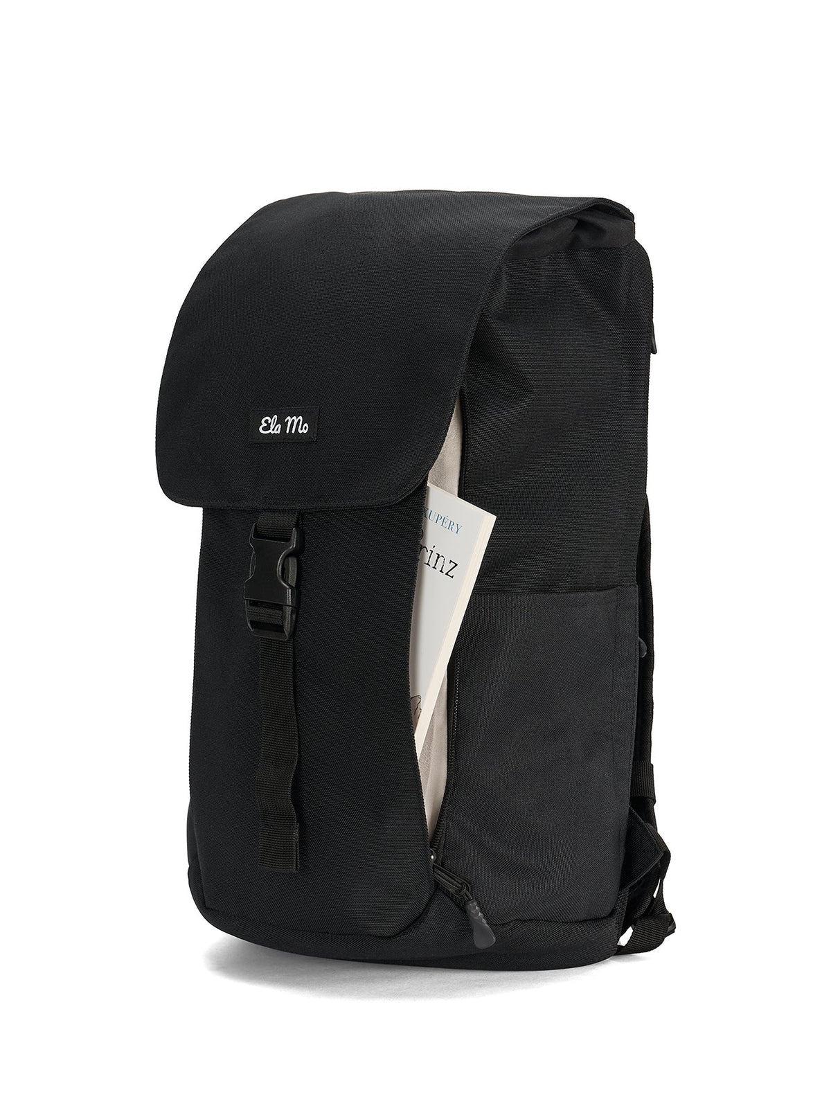 Ela Mo™ Everywhere Daypack | Black. Ein schwarzer Rucksack mit Zugriff von außen.