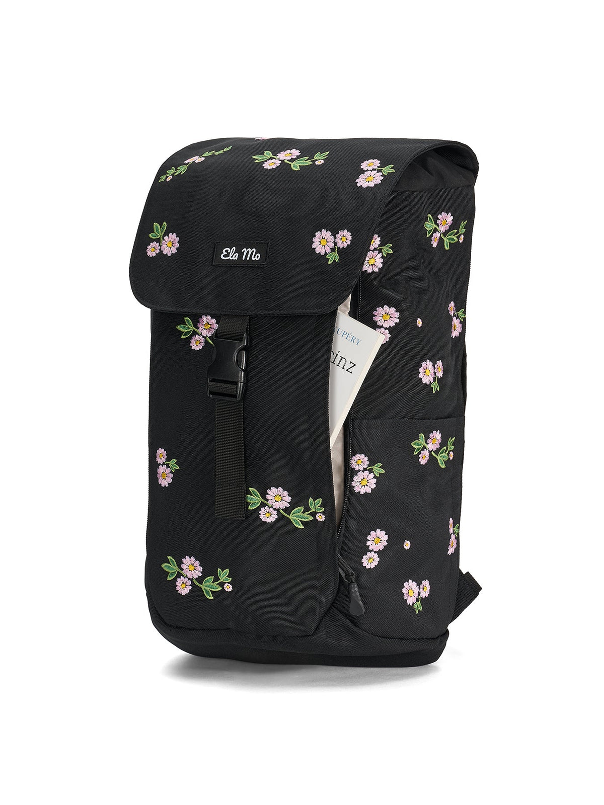 Ela Mo™ Everywhere Daypack | Embroidery Edition Upsy Daisy.Schwarz geblümter Rucksack mit Außenfach und Reißverschlusszugang