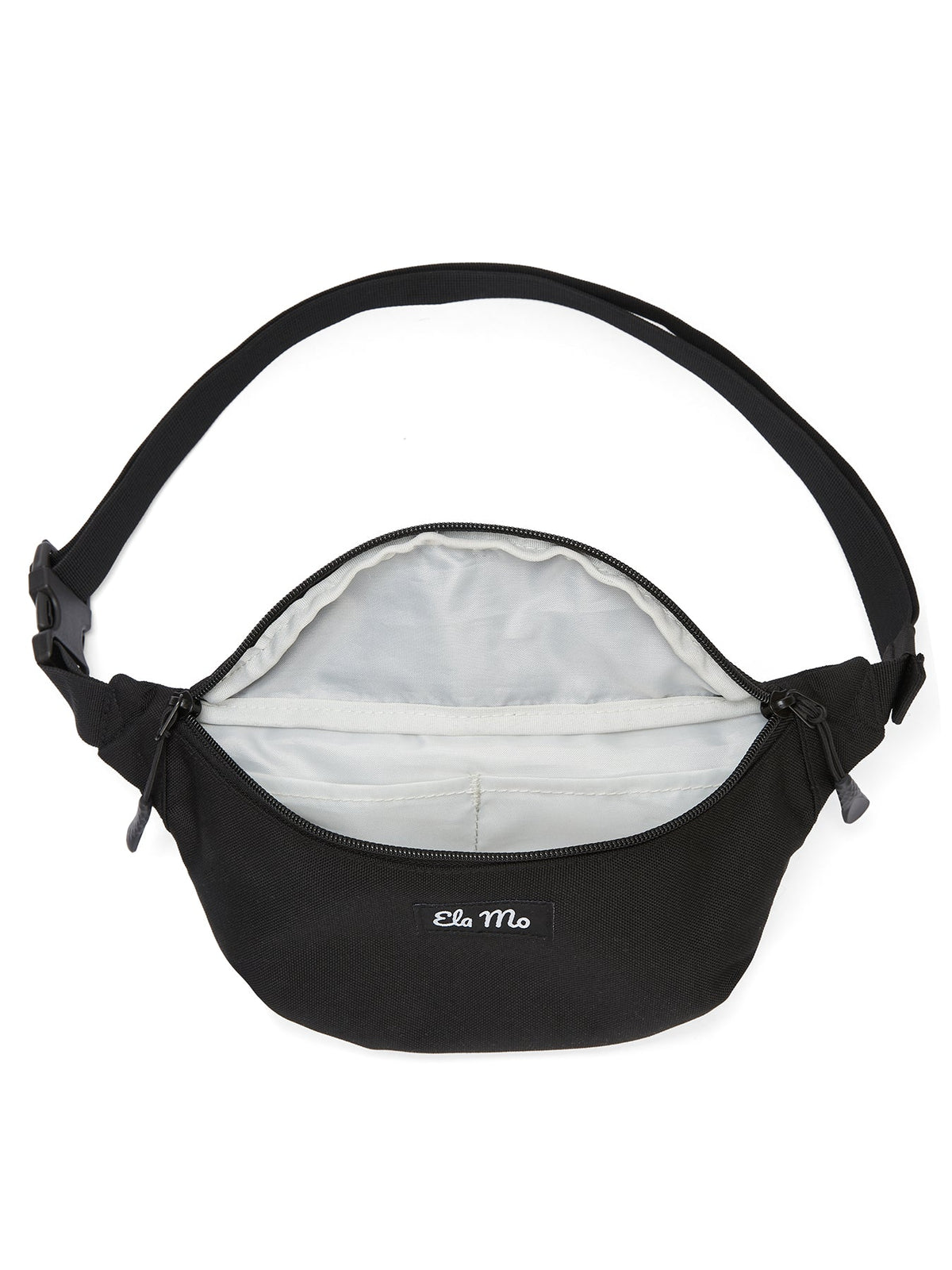 Ela Mo™ Hipbag | Schwarz, geöffnet – Innenbereich mit zwei kleinen Fächern.