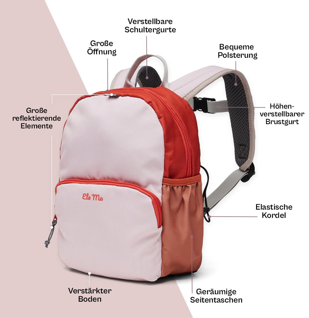 Ela Mo™ Kinderrucksack (3-6 Jahre) | Cotton Candy. Der rosafarbene Rucksack mit vielen praktischen Details als Anleitung.