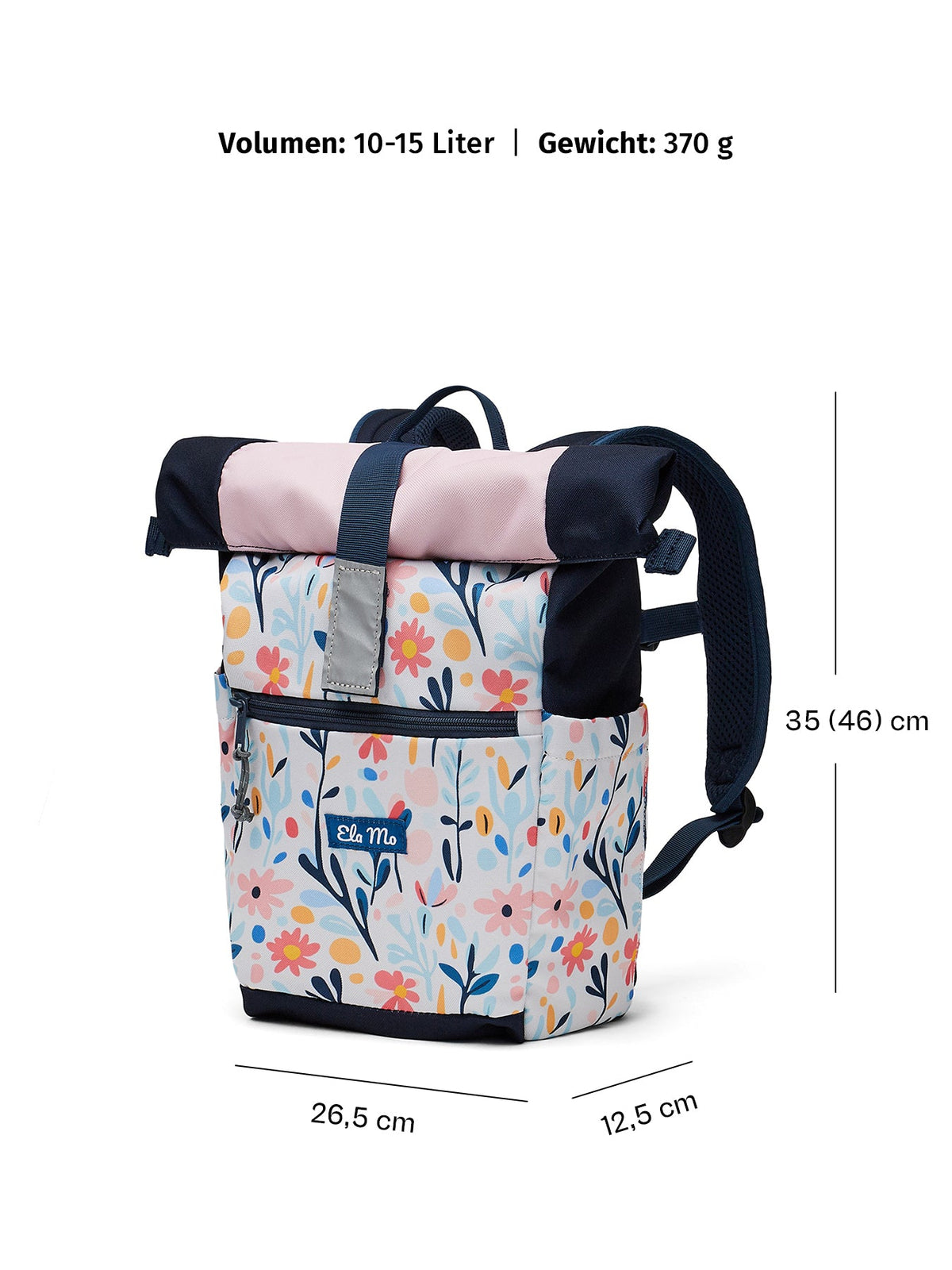 Ela Mo™ Kinderrucksack (6-10 Jahre) | Pastel Land. Floral gemusterter Rucksack mit Maßangaben auf weißem Hintergrund.
