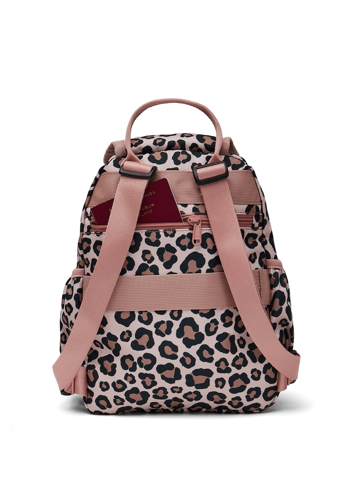 Ela Mo™ Mini Rucksack | Leo im Leoparden-Design – Rückansicht mit kleinem Außenfach und Reißverschluss