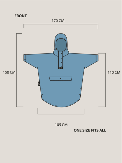 Ela Mo™ Regenponcho | Mint. Beschreibung sowie Produktangaben zur Länge und Höhe der Vorderseite.