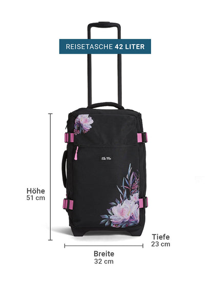 Ela Mo™ Reisetasche mit Rollen 42 Liter | Beauty in Darkness. Reisetasche mit Maßangaben auf weißem Hintergrund.