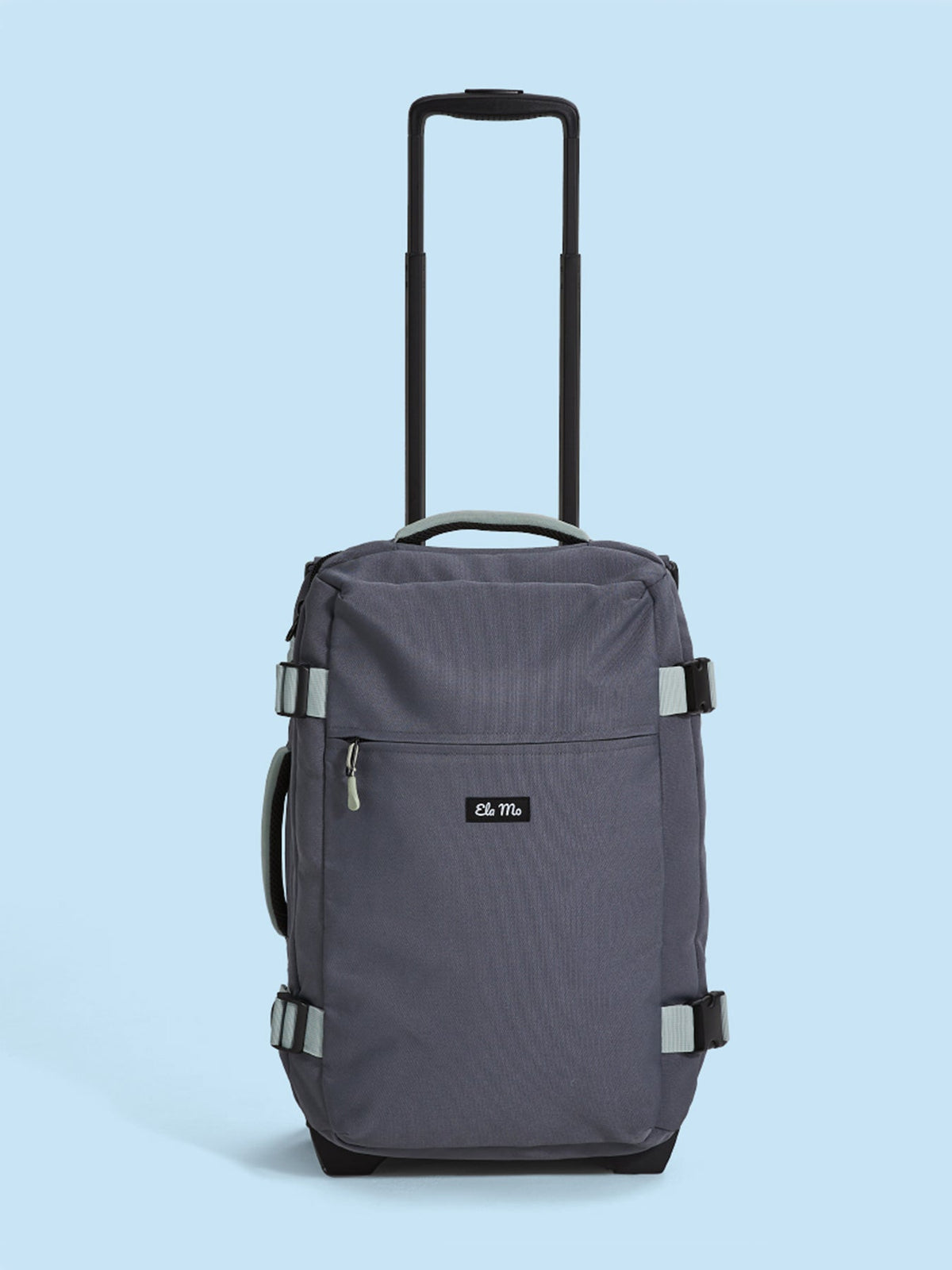 Ela Mo™ Reisetasche mit Rollen 42 Liter | Darkgrey Mint. Eine Reisetasche mit hochgezogenem Griff und Außenfach.