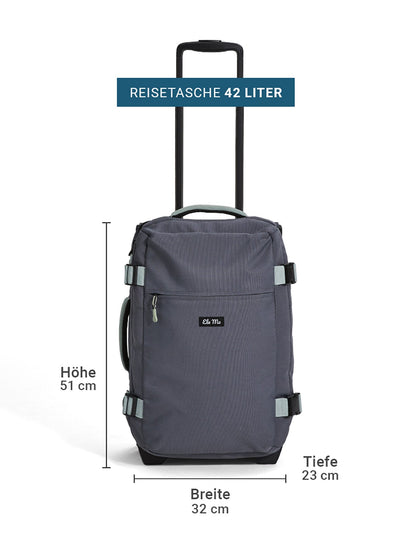 Ela Mo™ Reisetasche mit Rollen 42 Liter | Darkgrey Mint. Reisetasche mit Maßangaben auf weißem Hintergrund.