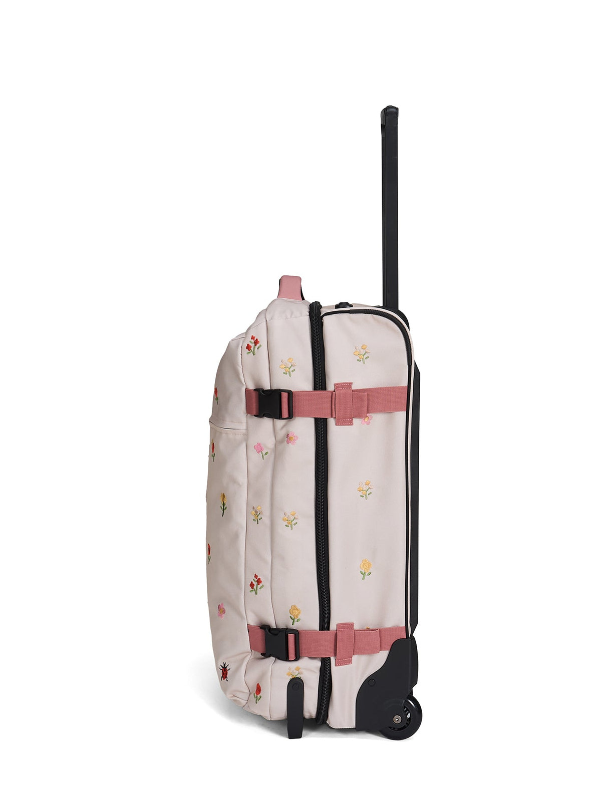 Ela Mo™ Reisetasche mit Rollen 42 Liter | Embroidery Edition Losy. Geblümte Tasche seitlich mit hochgezogenem Griff.