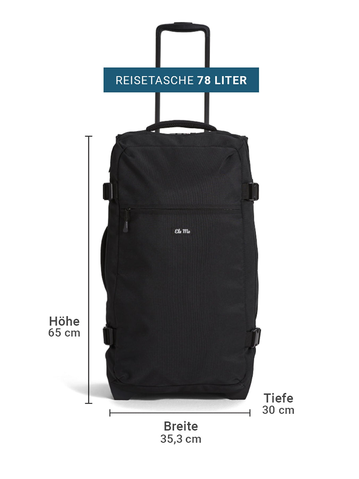 Ela Mo™ Reisetasche mit Rollen 78 Liter | Black. Reisetasche mit Maßangaben auf weißem Hintergrund.