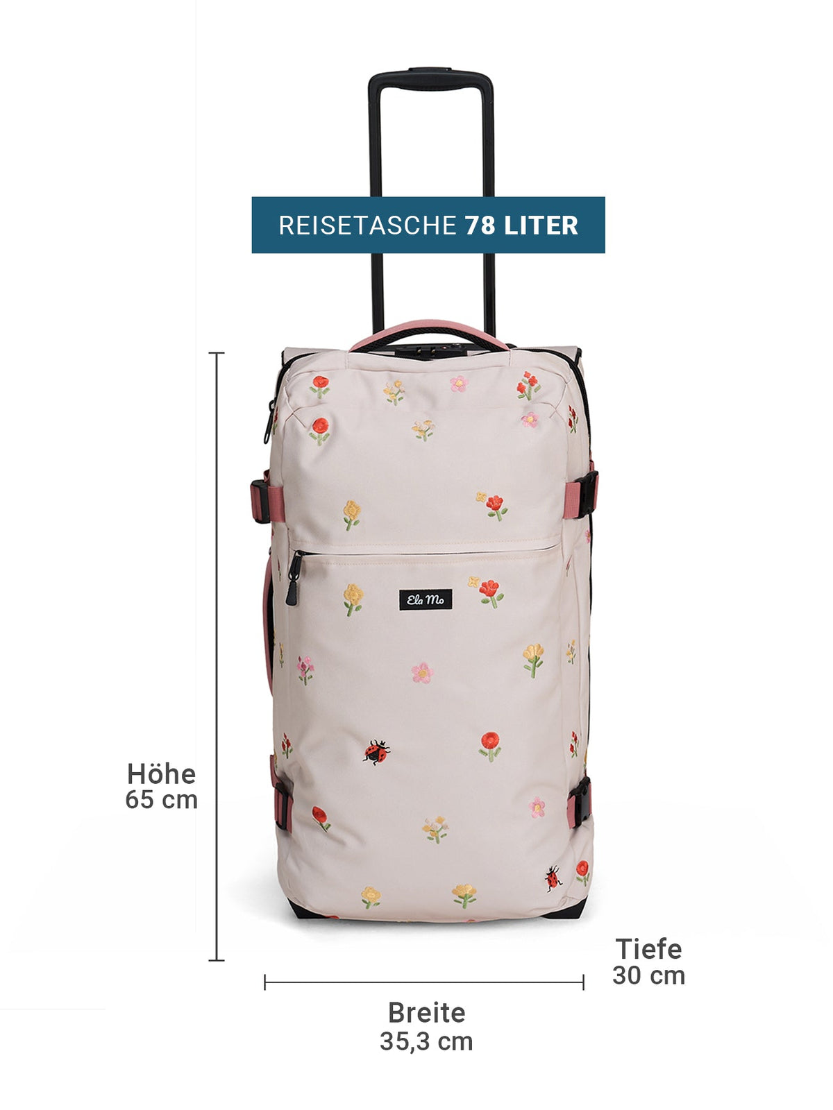 Ela Mo™ Reisetasche mit Rollen 78 Liter | Embroidery Edition Losy. Helle geblümte Tasche mit Maßangaben.