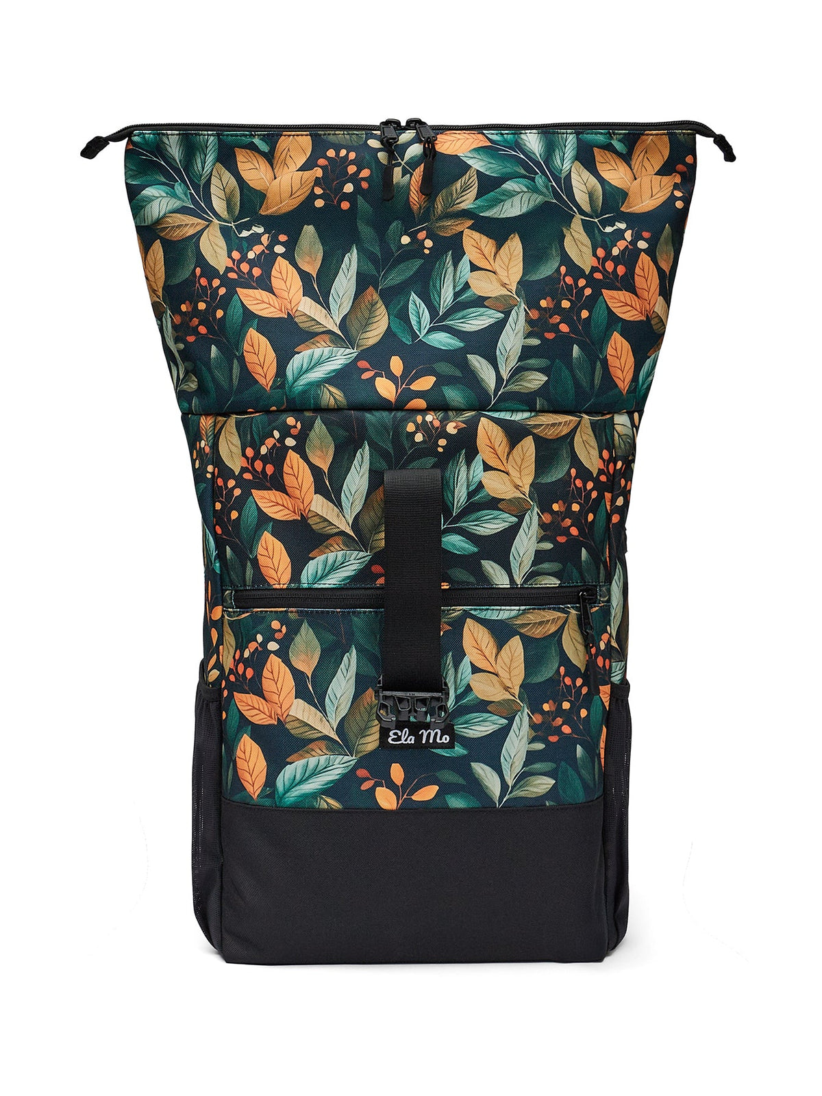 Ela Mo™ Rolltop Rucksack | Bye Bye Summer. Dunkel floral gemusterter Rucksack, auf 26 Liter Volumen eingestellt.