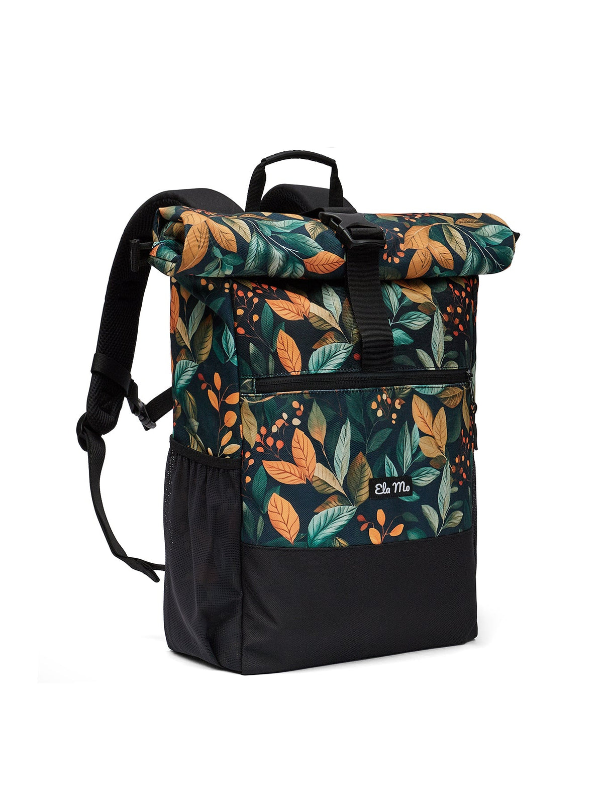 Ela Mo™ Rolltop Rucksack | Bye Bye Summer. Vorderansicht des dunkel floral gemusterten Rucksacks.
