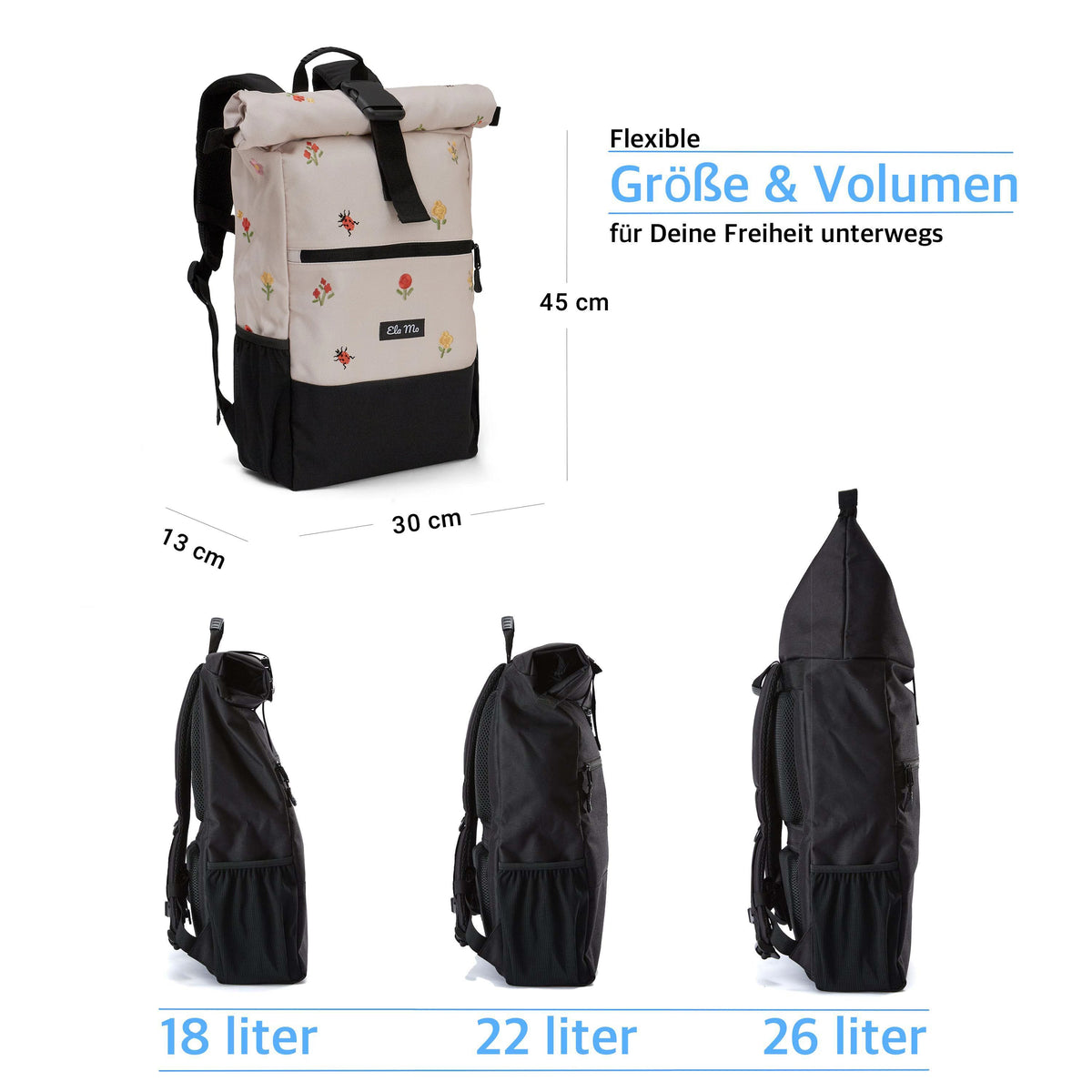 Ela Mo™ Rolltop Rucksack | Embroidery Edition Losy. Der Rucksack mit Maßangaben und der Option zur Vergrößerung.