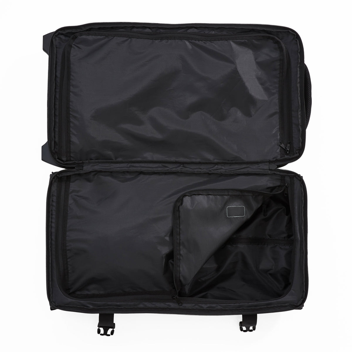 Ela Mo™ Reisetasche mit Rollen 42 Liter | Beauty in Darkness. Geöffnete Reisetasche mit sichtbarem Innenbereich.