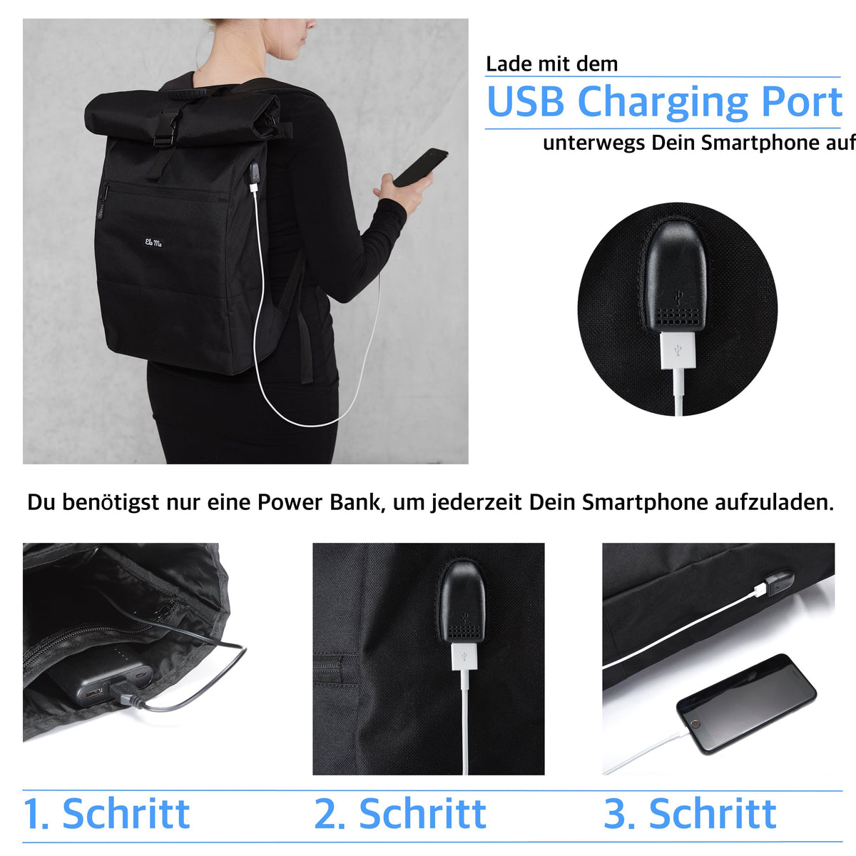 Ela Mo™ Rolltop Rucksack | Bloom! Rucksack mit Ladekabel und Anleitung zum Aufladen.