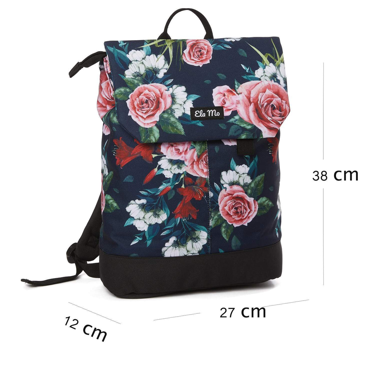 Ela Mo™ Daypack Rucksack | A Rose. Der Rucksack mit Maßangaben auf weißem Hintergrund.