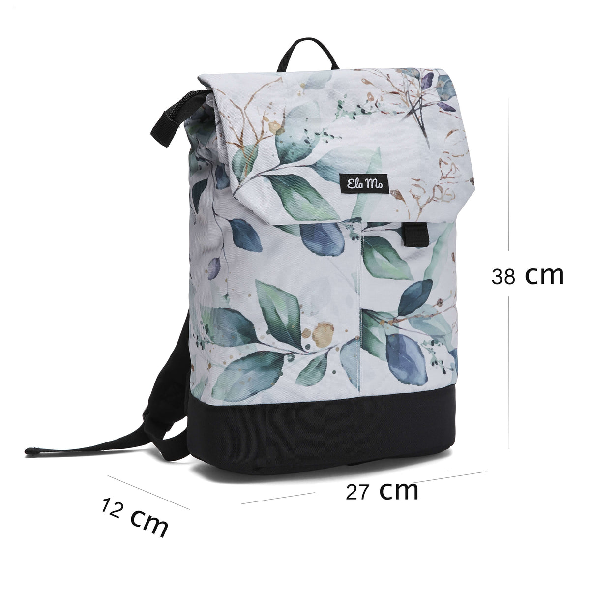 Ela Mo™ Daypack Rucksack | Waterleaf Gold. Der Rucksack mit Maßangaben auf weißem Hintergrund.