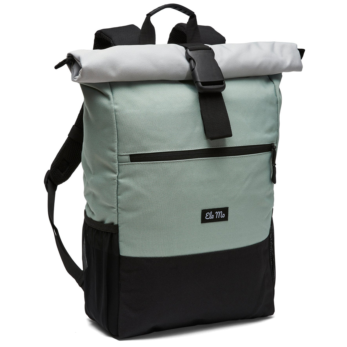 Ela Mo™ Rolltop Rucksack | Mintgrey. Rucksack mit Verschlussclip und Herstellerlogo vorne.