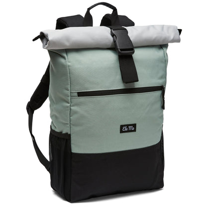 Ela Mo™ Rolltop Rucksack | Mintgrey. Rucksack mit Verschlussclip und Herstellerlogo vorne.