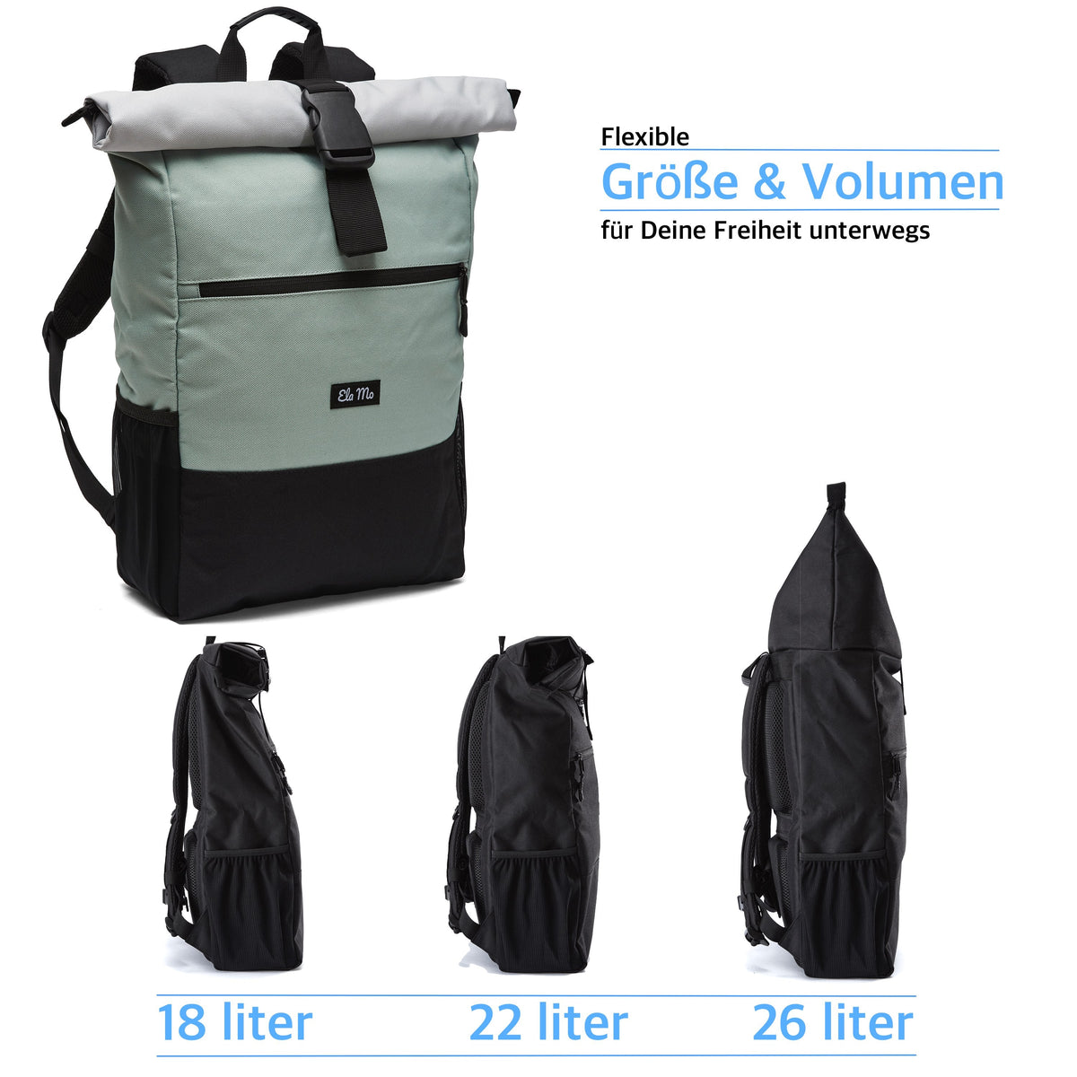 Ela Mo™ Rolltop Rucksack | Mintgrey. Rucksack mit Maßangaben und drei Möglichkeiten zur Volumenerweiterung.